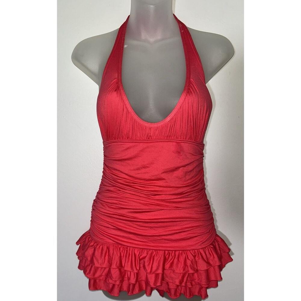 VTG Juicy Couture Beach Royalty Halter Ruched Red One Piece Swimsuit XS/P